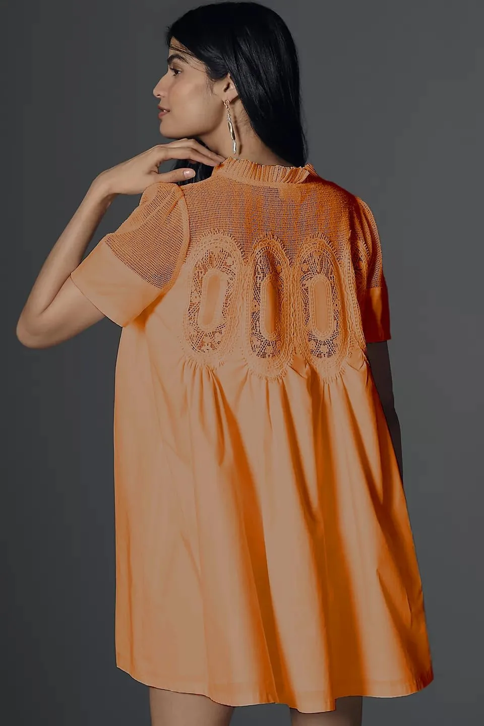 VAOYIU Women Crochet Lace Mini Dress Round Neck Short Sleeve Sheer Mesh Clothing Casual Outfits with Lace Back Design