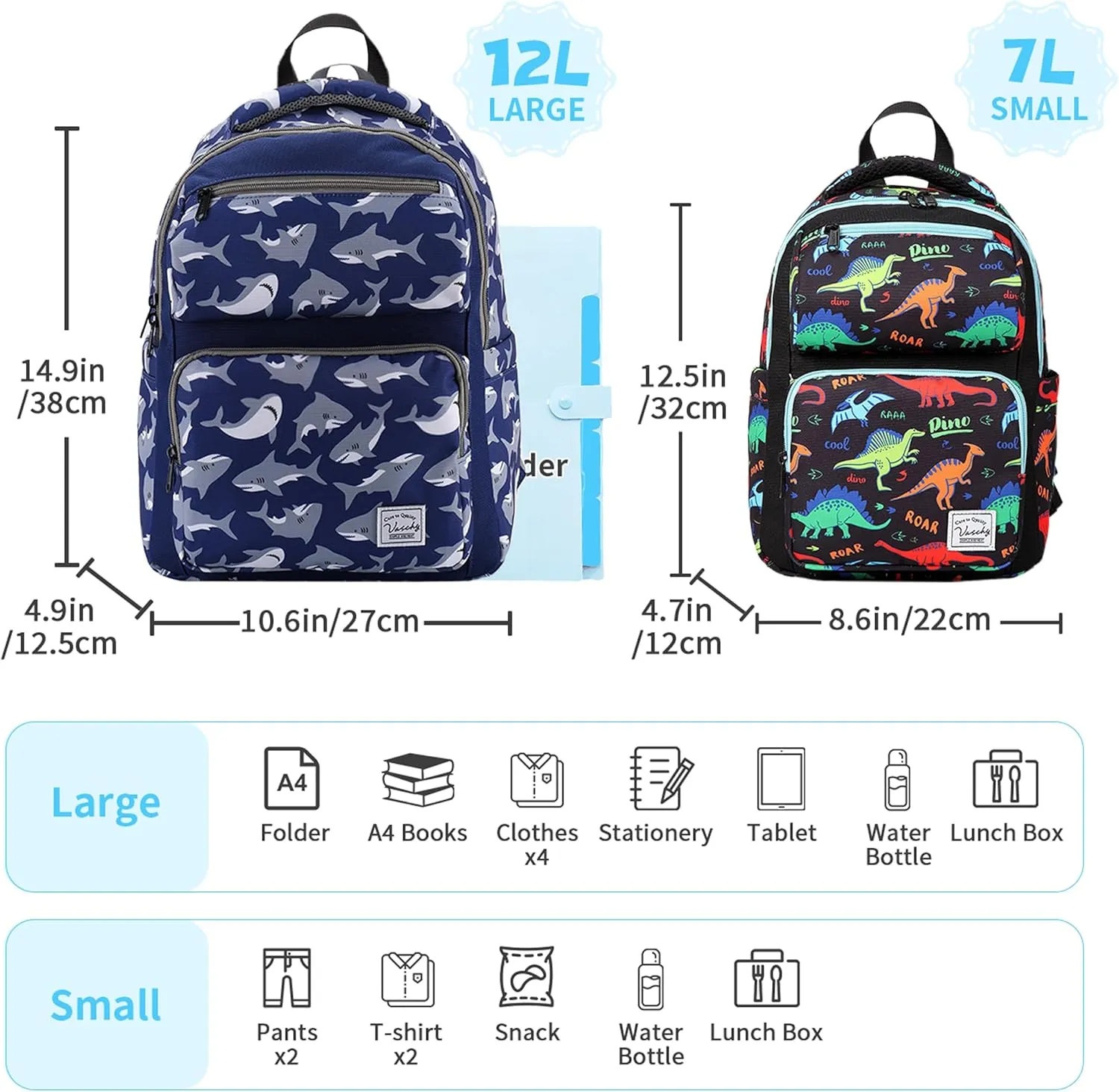 VASCHY Backpack for Toddler Boys, Kids Cute Preschool Children's 12L Daycare Backpack Bookbag for School Travel Shark