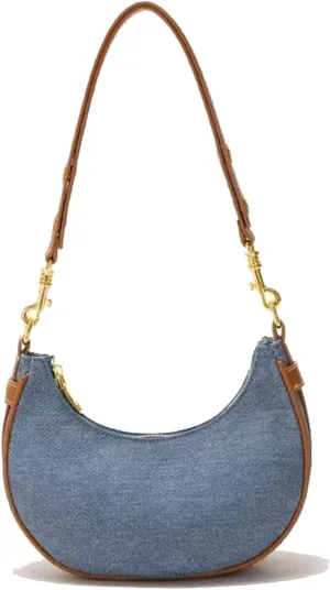 Vegan Leather Crescent Shoulder Bag Underarm Purse for Women Zipper Purses Quilted Handbag with Denim Blue Pocket