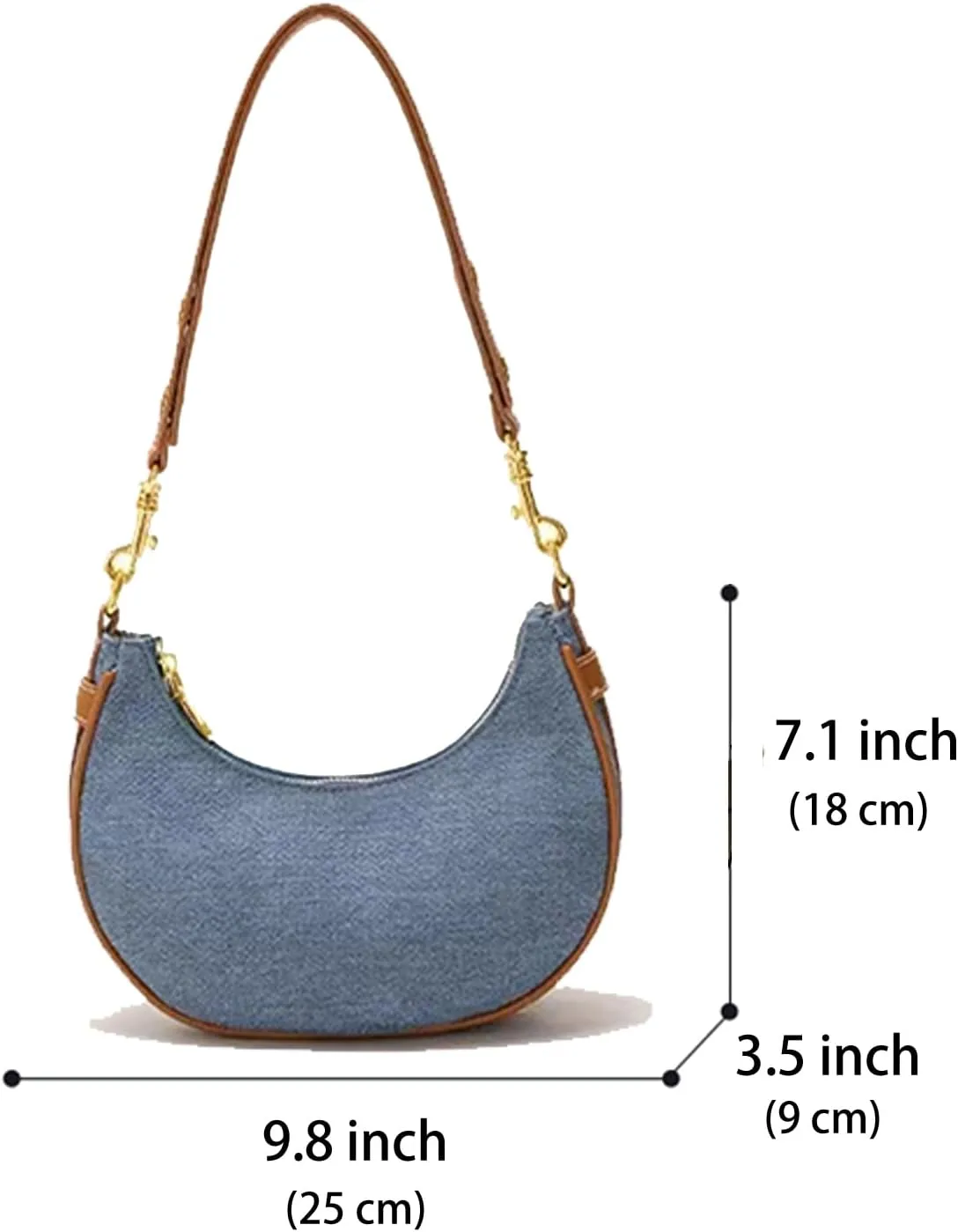 Vegan Leather Crescent Shoulder Bag Underarm Purse for Women Zipper Purses Quilted Handbag with Denim Blue Pocket