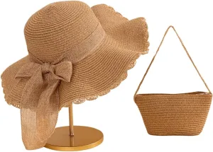 Verdusa Women's Bow Wide Brim Straw Sun Hat and Crossbody Straw Bag Set