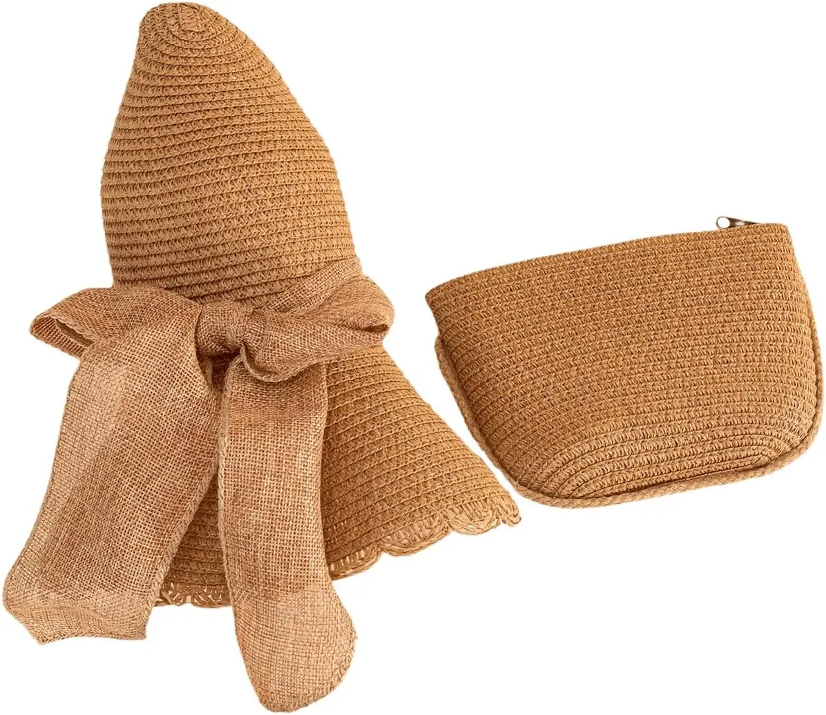 Verdusa Women's Bow Wide Brim Straw Sun Hat and Crossbody Straw Bag Set