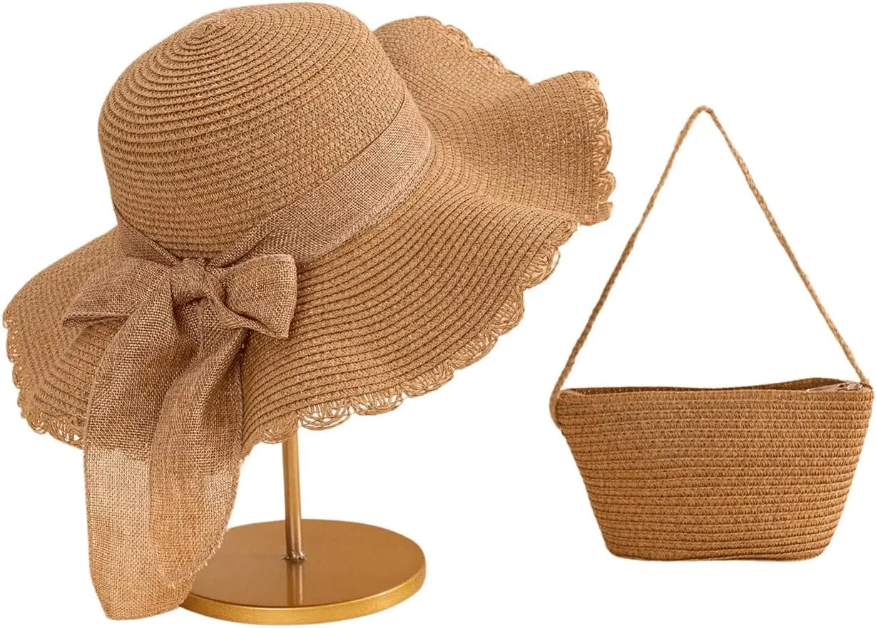 Verdusa Women's Bow Wide Brim Straw Sun Hat and Crossbody Straw Bag Set