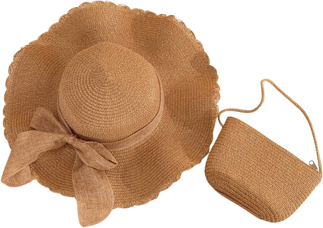 Verdusa Women's Bow Wide Brim Straw Sun Hat and Crossbody Straw Bag Set