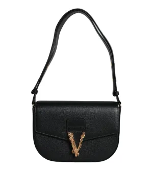 Versace Grainy Calf Leather Logo Crossbody Shoulder Black Bag