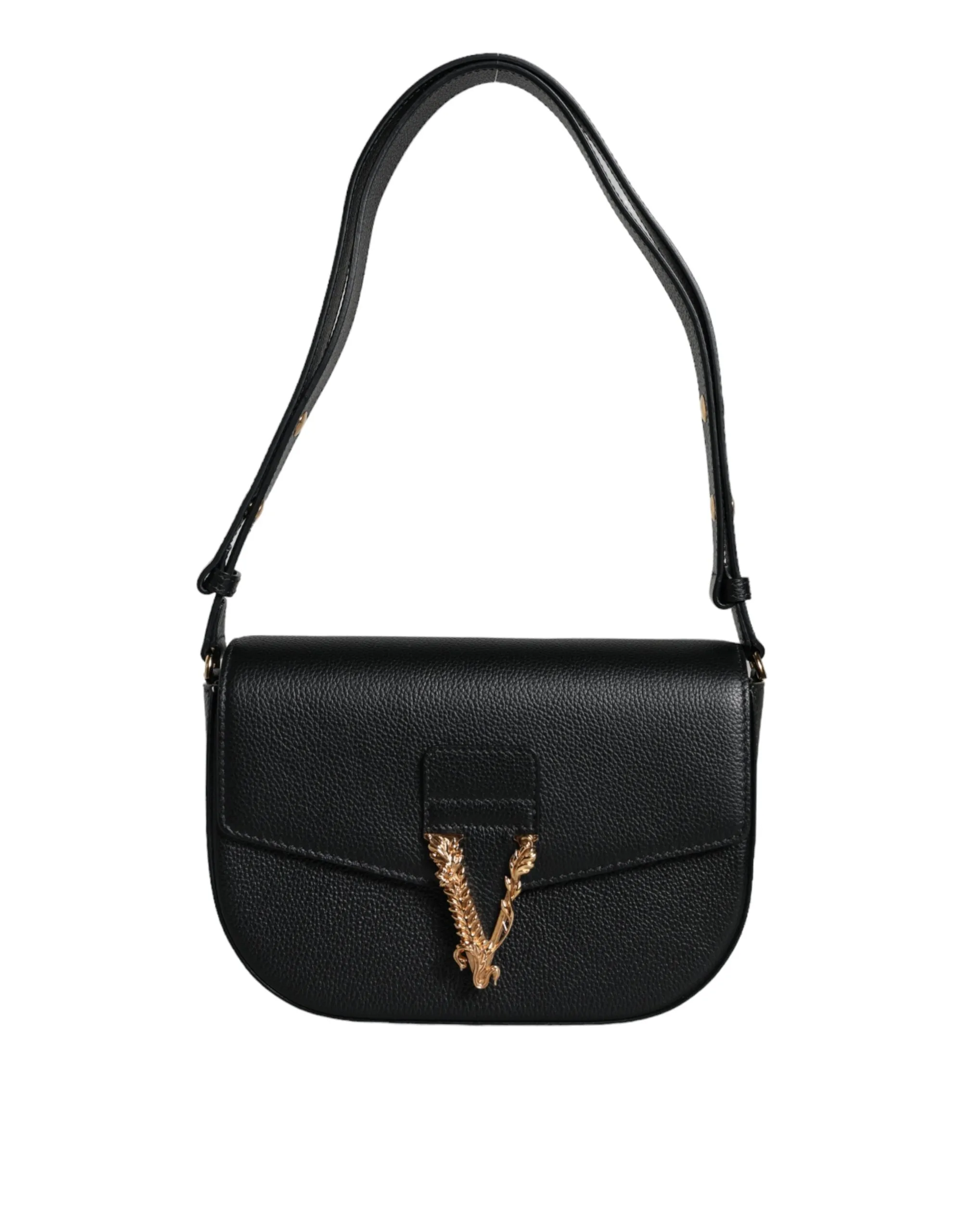 Versace Grainy Calf Leather Logo Crossbody Shoulder Black Bag