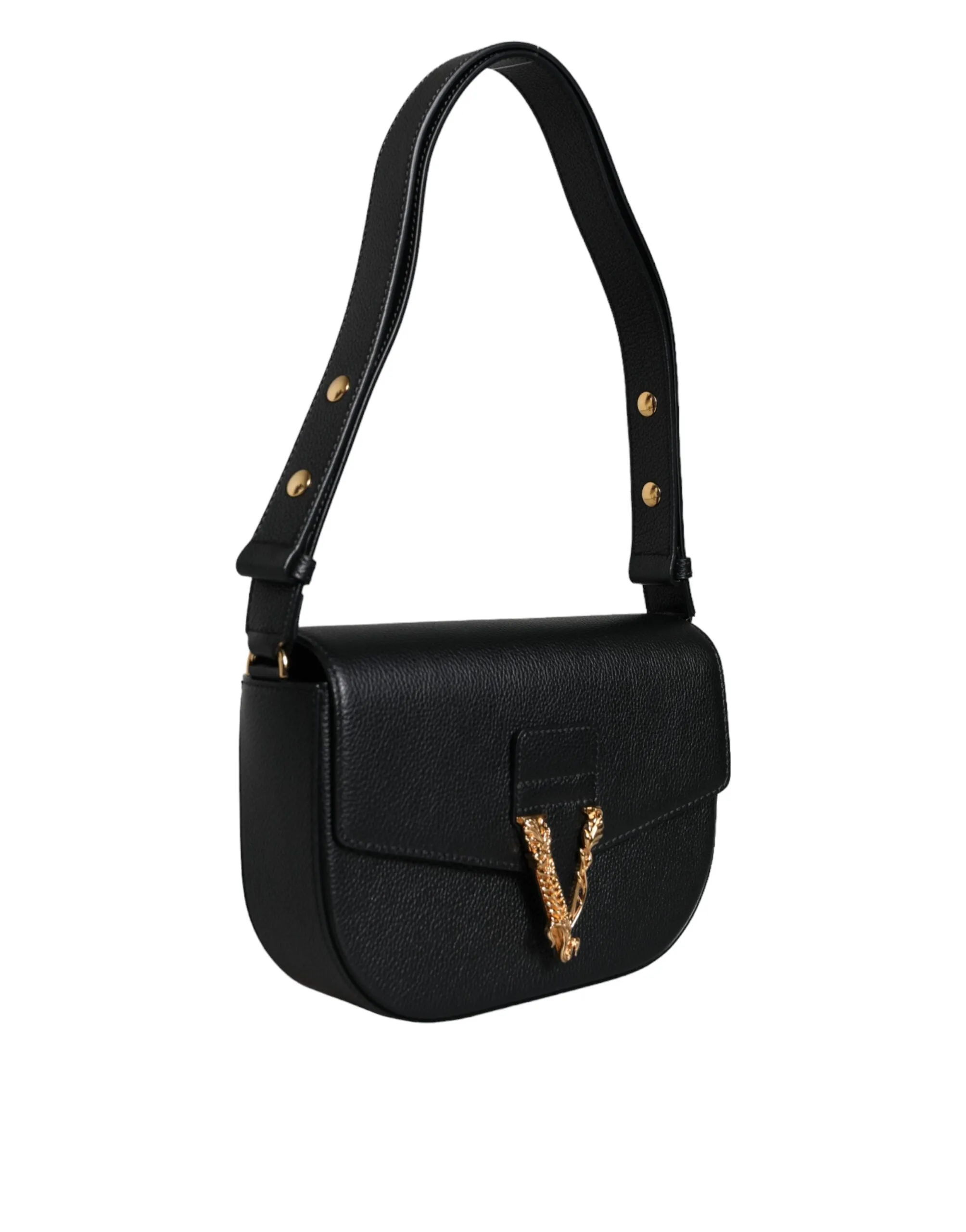 Versace Grainy Calf Leather Logo Crossbody Shoulder Black Bag