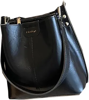 Versatile Vintage Barrel Bag with Wide Shoulder Strap Retro Crossbody Purse for Women (Black)