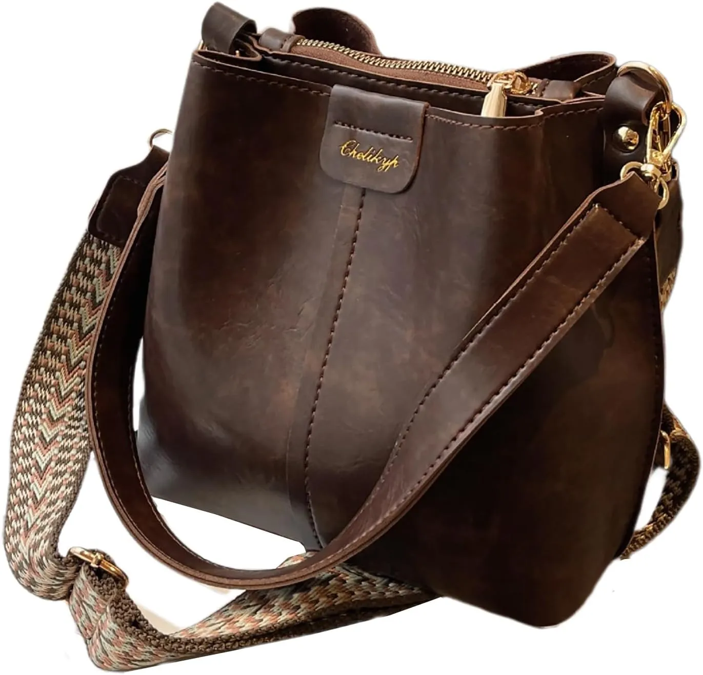 Versatile Vintage Barrel Bag with Wide Shoulder Strap Retro Crossbody Purse for Women (Black)