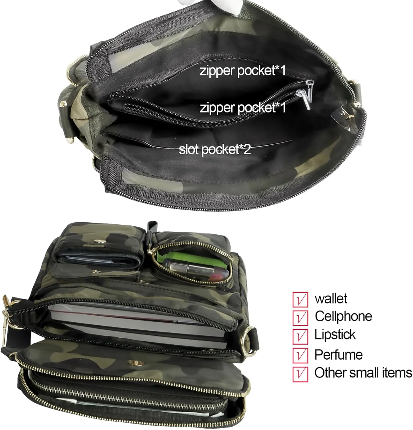 VGOAL Nylon Fabric Crossbody Bag Casual Fashion Multi-Pocket in Square Bag Female More Pockets Clamshell Shoulder Bag