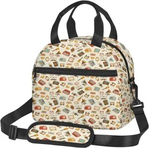 Vintage Alarm,Insulated Lunch Bag for Women/Men,Retro Pattern Old Fashioned,Reusable Leakproof Cooler Tote Bag Organizer with Adjustable Shoulder Strap for Adult,Brown