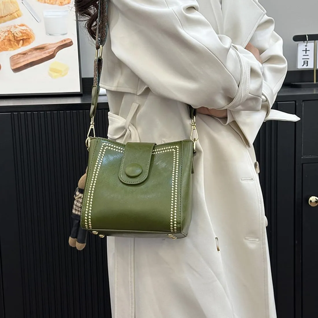 Vintage Fashion Bag with Adjustable Wider Shoulder Strap,Women's Vintage Bucket Bags,Retro Water Bucket Shoulder Bag