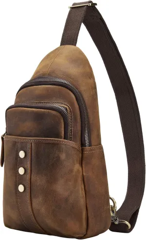 Vintage Full Grain Leather Sling Bag Crossbody Chest Daypack For Men Water Resistant Travel Crossbody Bag (Brown)