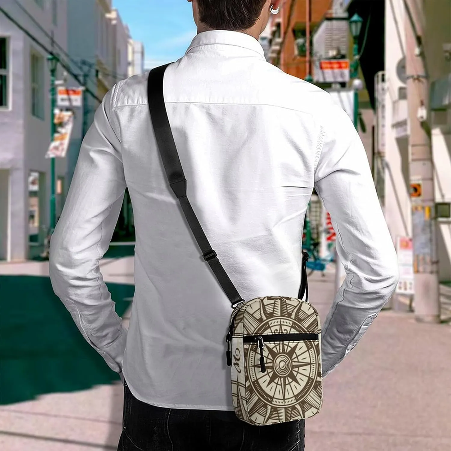 Vintage Nautical Compass Rose in Brown Retro Style Adjustable Fanny Waist Pack Pouch, Waterproof Crossbody Runners Bag Wallet for Gym Hiking Fitness Women Men 6.1 x 2.2 x 7.9 inch