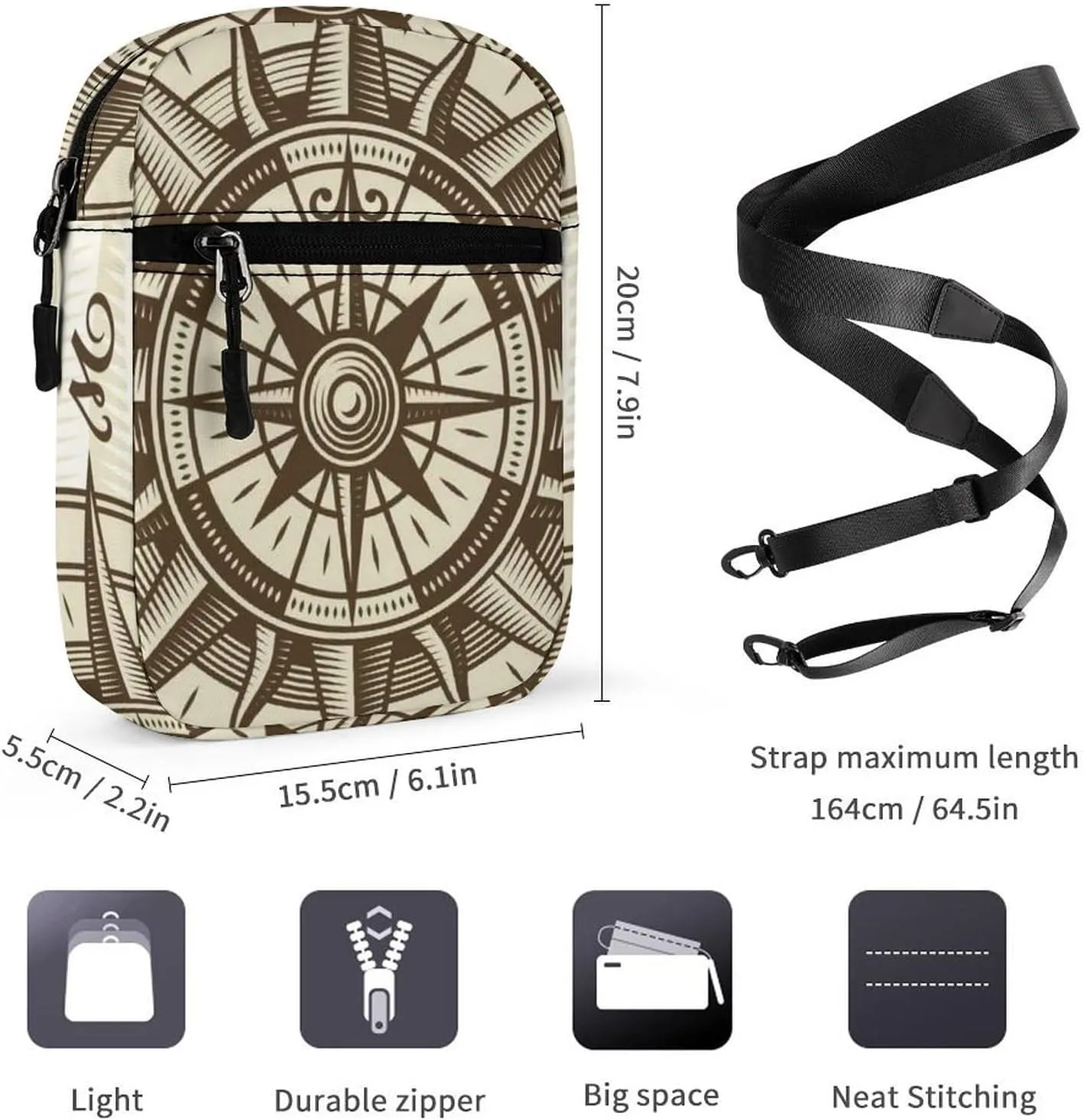 Vintage Nautical Compass Rose in Brown Retro Style Adjustable Fanny Waist Pack Pouch, Waterproof Crossbody Runners Bag Wallet for Gym Hiking Fitness Women Men 6.1 x 2.2 x 7.9 inch
