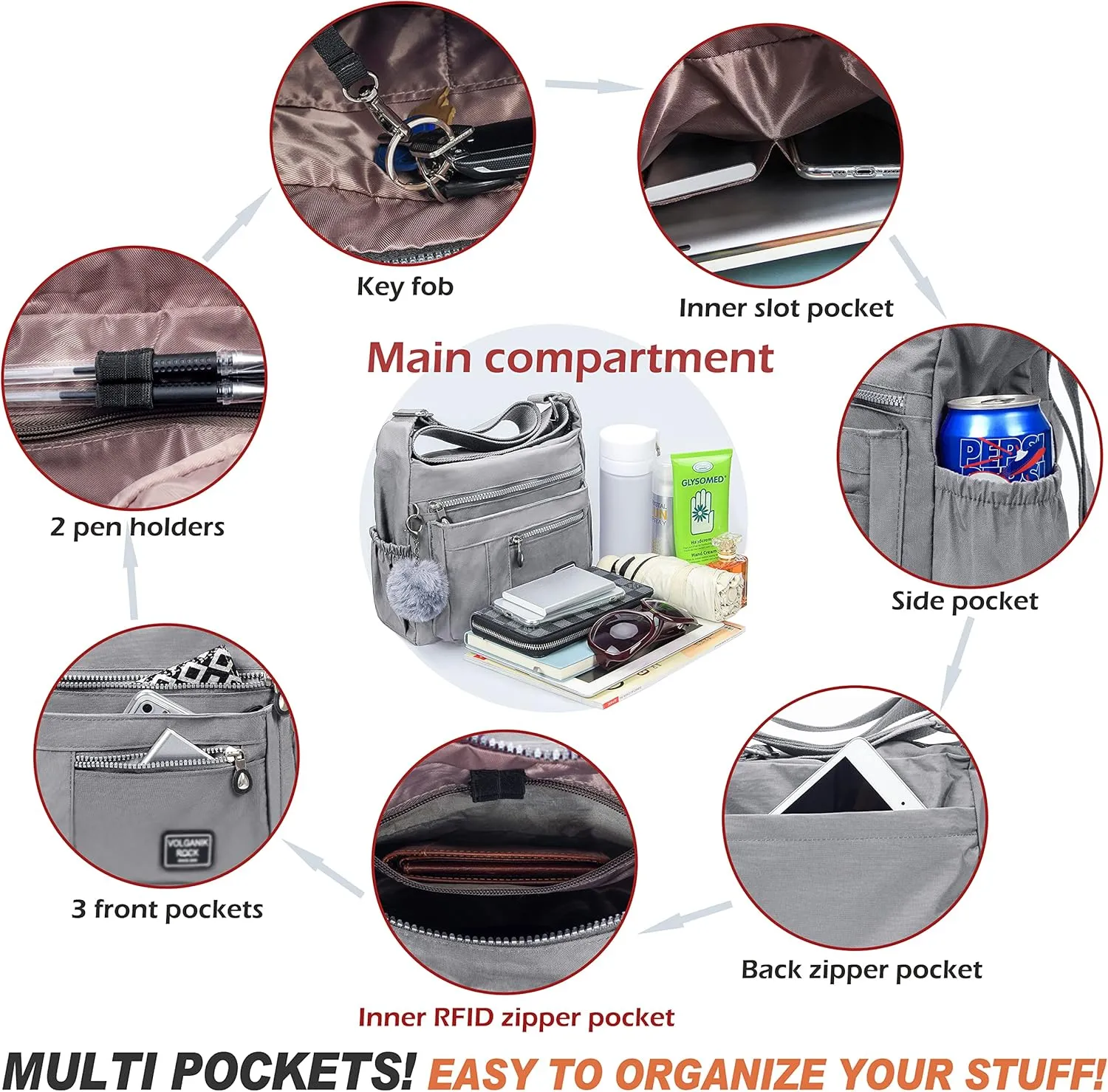 VOLGANIK ROCK Crossbody Bags for Women with RFID Pocket Anti Theft Handbag Water Resistant Shoulder Bags Travel Purse