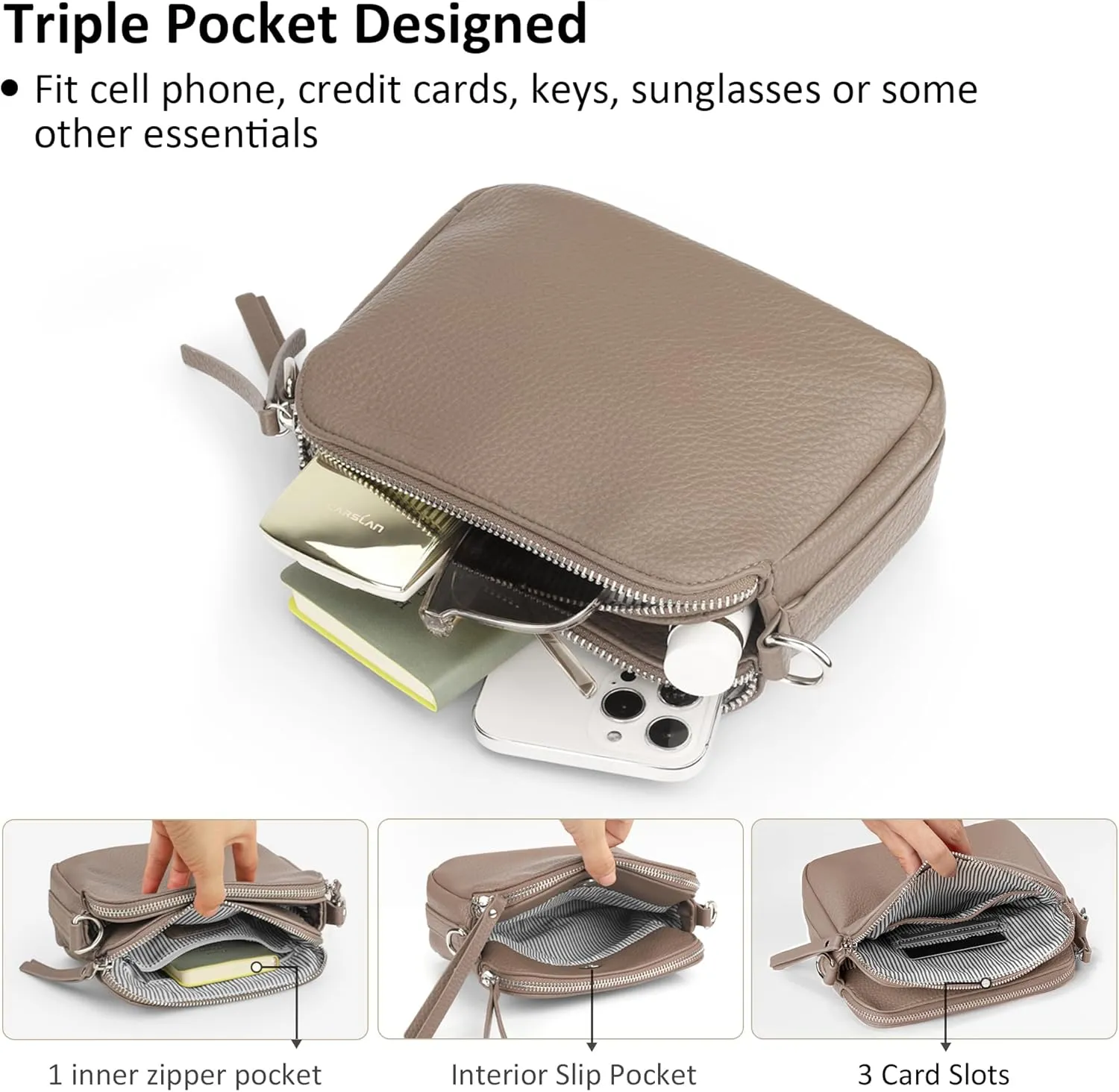 VONAL Leather Crossbody Purse for Women Triple Pockets Designed Shoulder Bag
