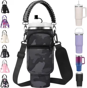 Water Bottle Carrier Bag with Paracord Handle for Stanley 40/30 oz Tumbler Neoprene Insulated Mug Sleeve Pouch with 2 Pockets & Adjustable Strap & Straw Cover for Stanley Cup Accessories