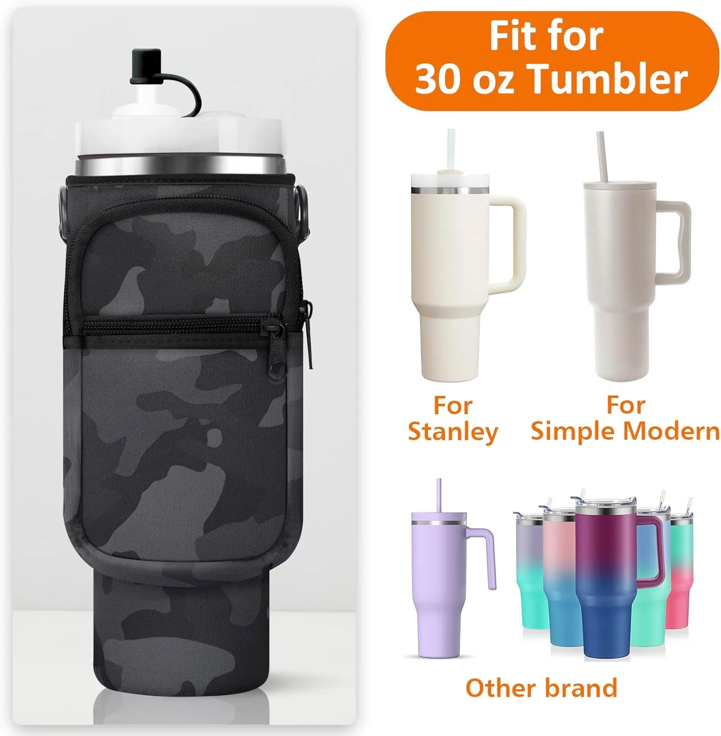 Water Bottle Carrier Bag with Paracord Handle for Stanley 40/30 oz Tumbler Neoprene Insulated Mug Sleeve Pouch with 2 Pockets & Adjustable Strap & Straw Cover for Stanley Cup Accessories