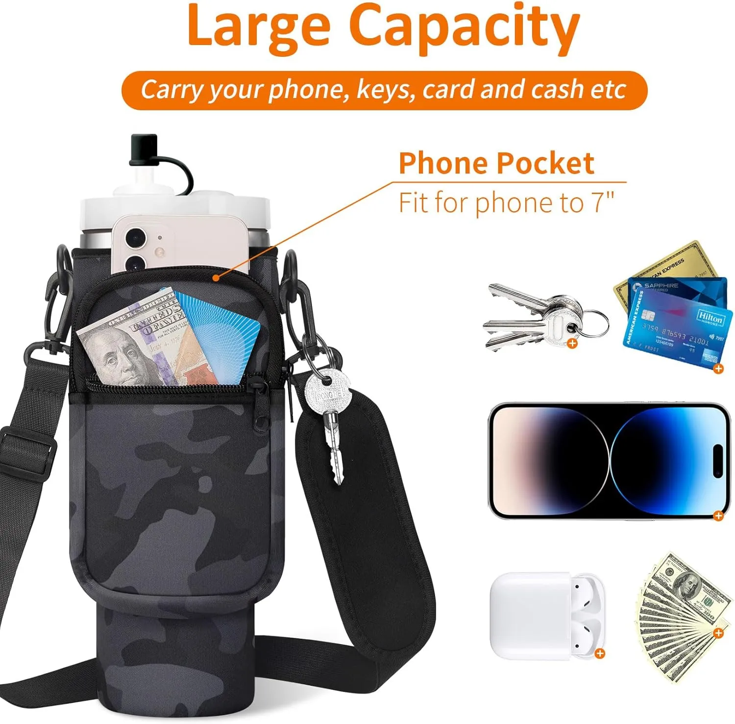 Water Bottle Carrier Bag with Paracord Handle for Stanley 40/30 oz Tumbler Neoprene Insulated Mug Sleeve Pouch with 2 Pockets & Adjustable Strap & Straw Cover for Stanley Cup Accessories