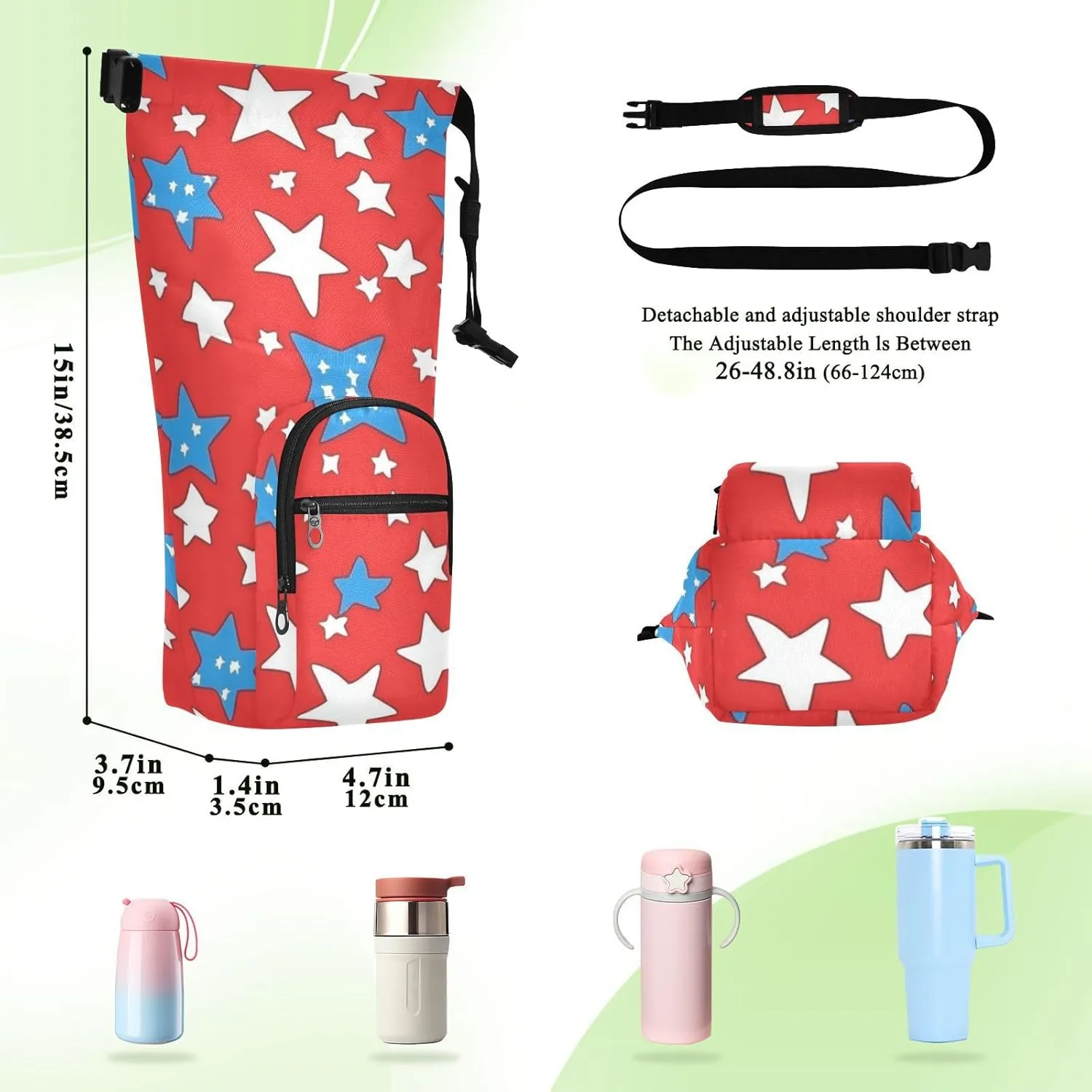 Water Bottle Holder with Strap 20/24/32/40oz Insulated Water Bottle Carrier Sling Bag Sleeve with Phone Pocket for Hiking Travelling Camping Blue White Stars