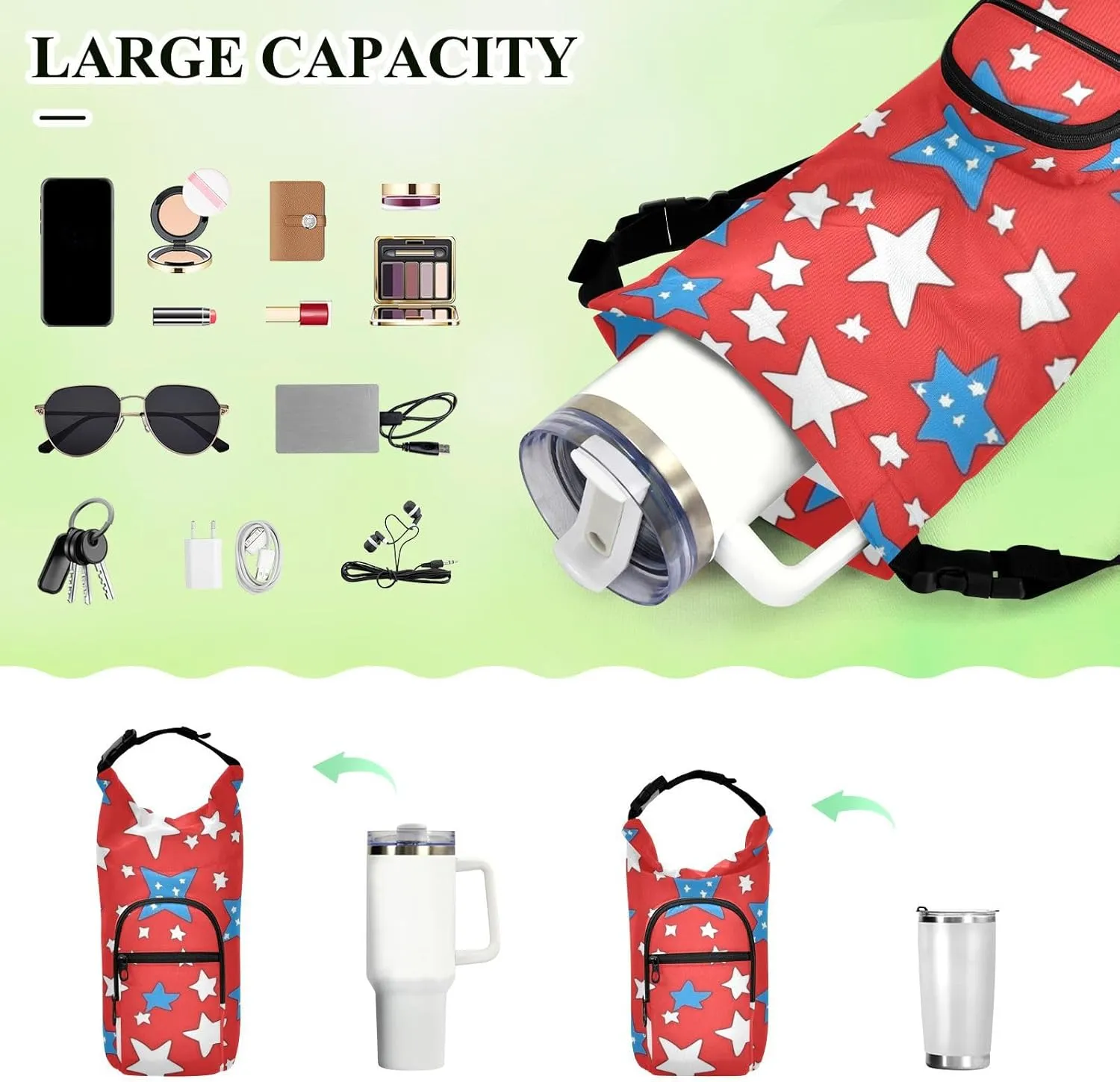 Water Bottle Holder with Strap 20/24/32/40oz Insulated Water Bottle Carrier Sling Bag Sleeve with Phone Pocket for Hiking Travelling Camping Blue White Stars