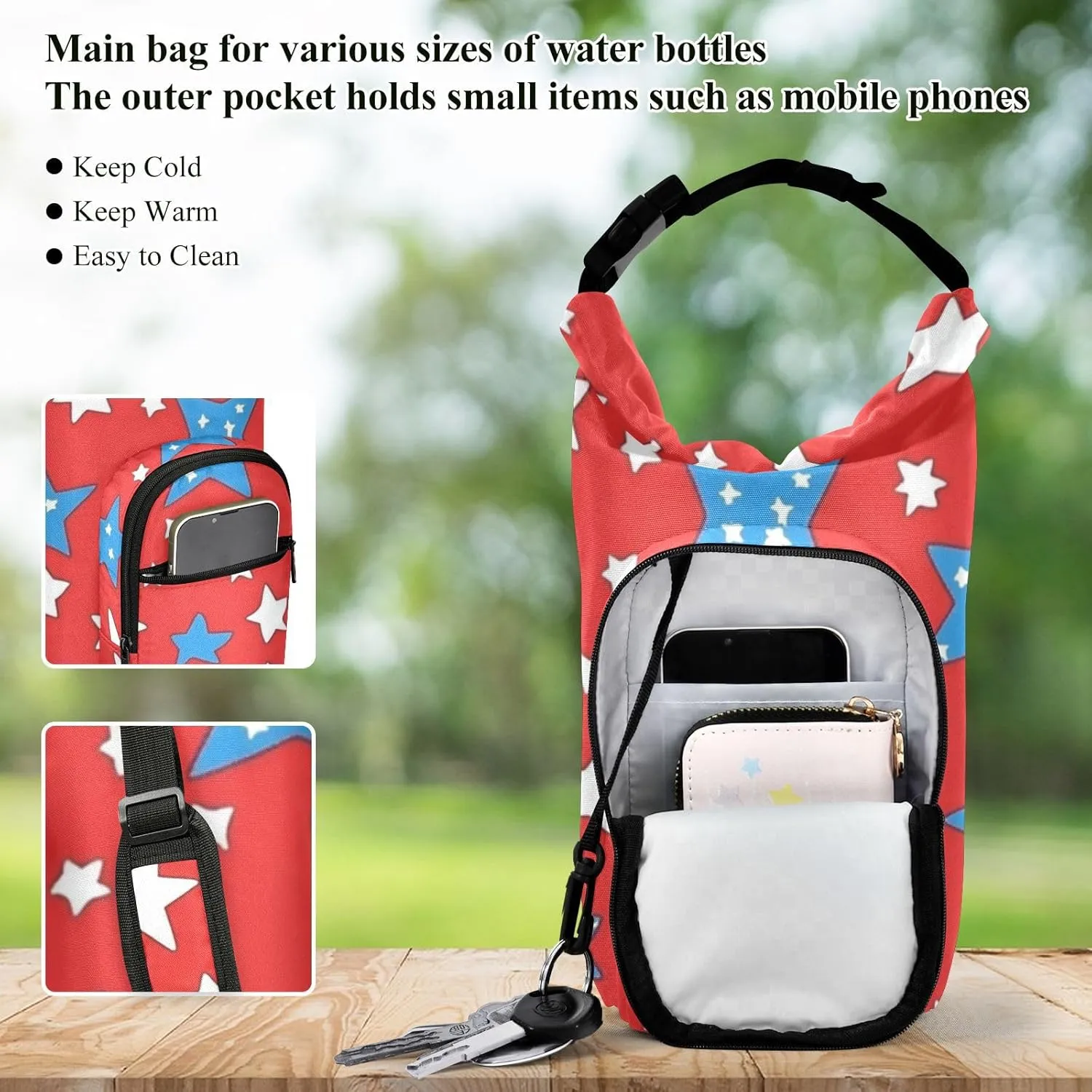 Water Bottle Holder with Strap 20/24/32/40oz Insulated Water Bottle Carrier Sling Bag Sleeve with Phone Pocket for Hiking Travelling Camping Blue White Stars