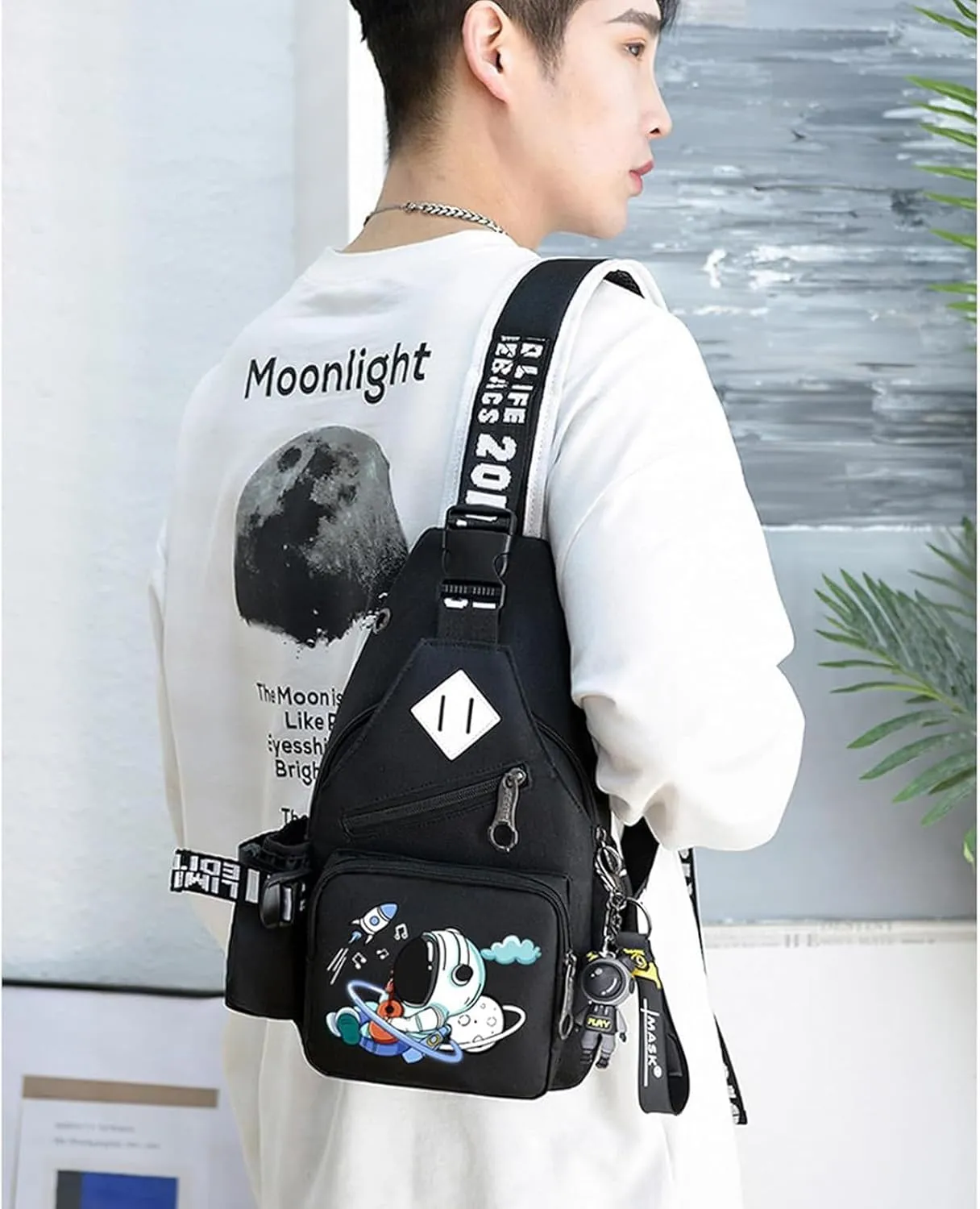Water-Resistant Crossbody Sling Bag for Men Astronaut Casual Chest Shoulder Daypack Hiking Travel Backpack for 12.9 Inch Ipad (Black1)