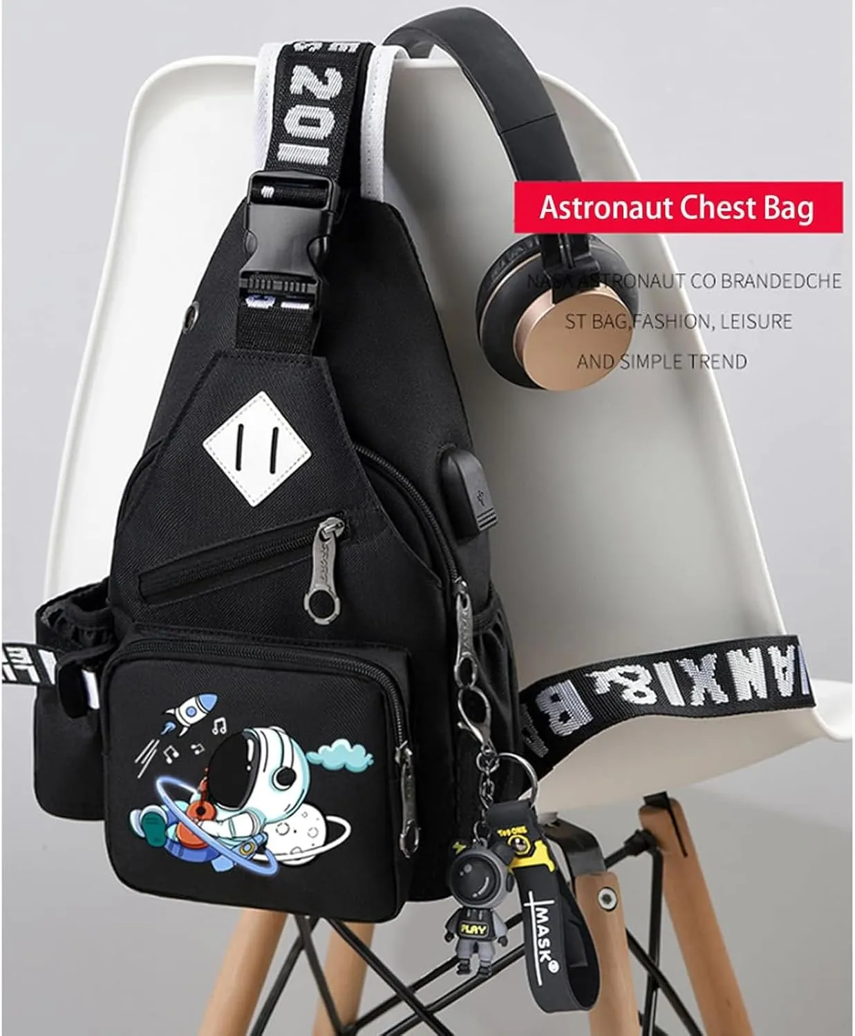 Water-Resistant Crossbody Sling Bag for Men Astronaut Casual Chest Shoulder Daypack Hiking Travel Backpack for 12.9 Inch Ipad (Black1)