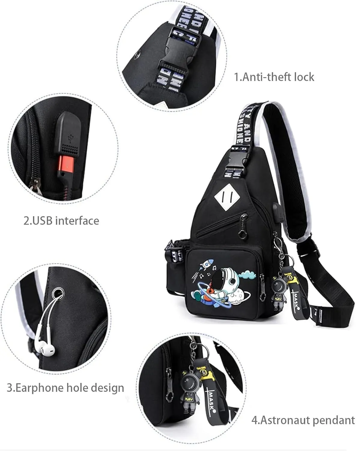 Water-Resistant Crossbody Sling Bag for Men Astronaut Casual Chest Shoulder Daypack Hiking Travel Backpack for 12.9 Inch Ipad (Black1)