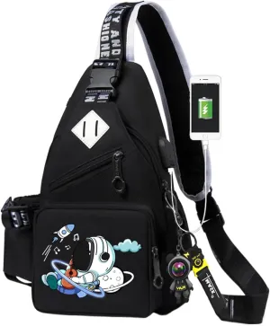 Water-Resistant Crossbody Sling Bag for Men Astronaut Casual Chest Shoulder Daypack Hiking Travel Backpack for 12.9 Inch Ipad (Black1)