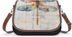 Watercolor Dragonfly Rustic Wood Style Vintage Insect Women's Crossbody Bags PU Leather Shoulder Bag Handbag Purse Messenger Bag with Shoulder Strap