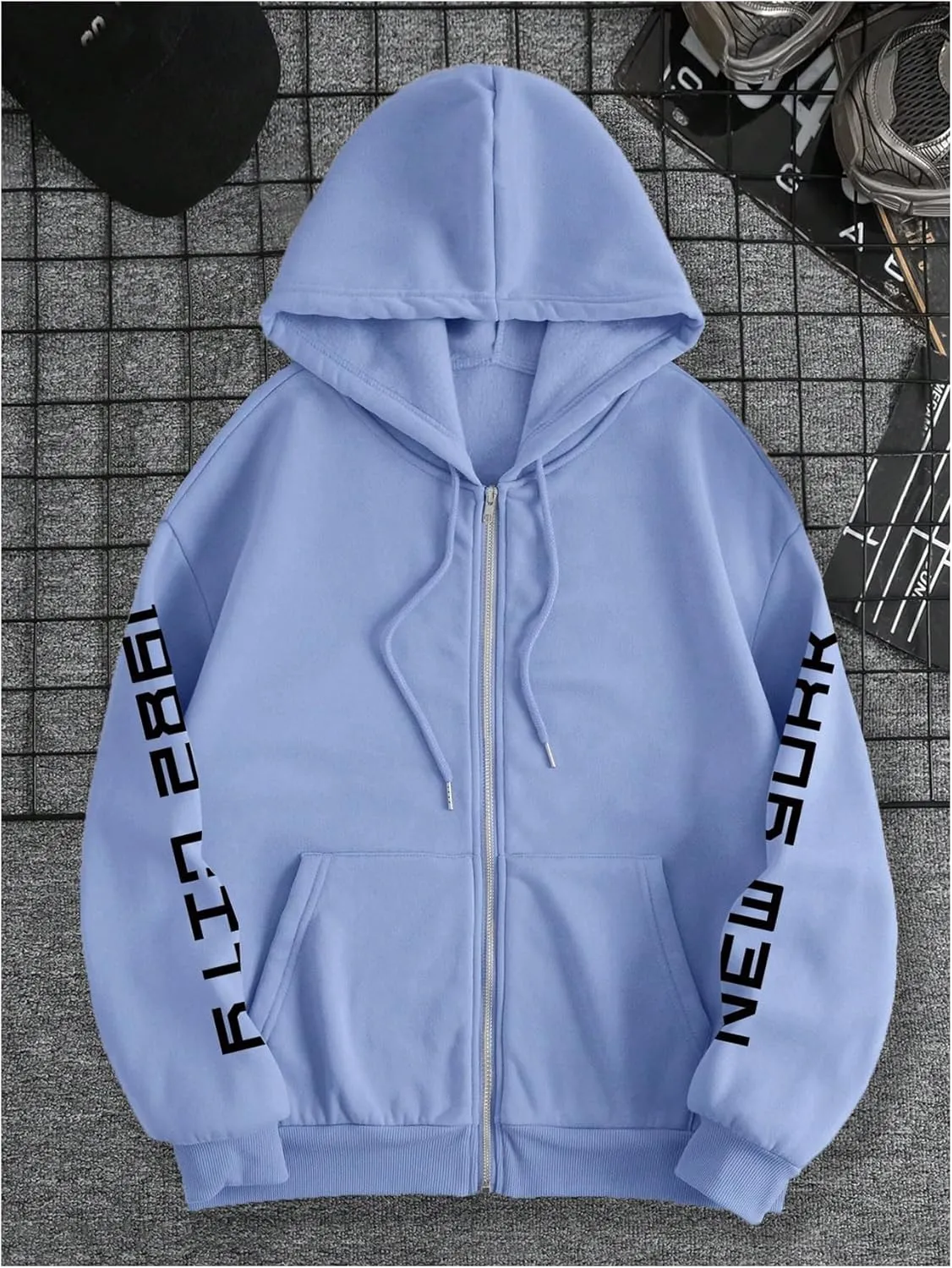 WDIRARA Men's Graphic Print Drop Shoulder Zipper Hoodies Long Sleeve Sweatshirts with Pockets