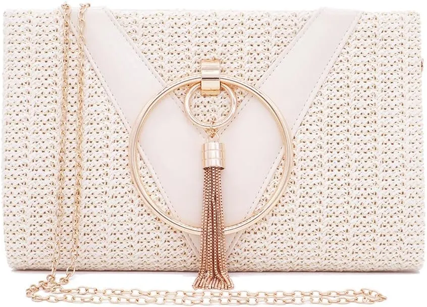 Weave Straw Handbag for Women Tassels Straw Clutch Summer Evening Party Bag Elegant Beach Top Handle Purse with Chain