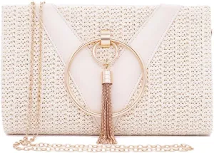 Weave Straw Handbag for Women Tassels Straw Clutch Summer Evening Party Bag Elegant Beach Top Handle Purse with Chain