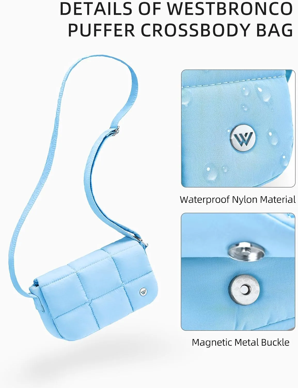 WESTBRONCO Small Puffer Crossbody Bags for Women Nylon Shoulder Bag Quilted Crossbody Purse with Adjustable Strap