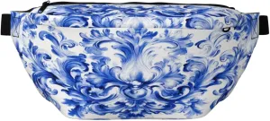 White And Blue Damask Pattern Fanny Pack For Women Man, Waist Belt Bag Crossbody For Sports Travel Hiking Running Jogging
