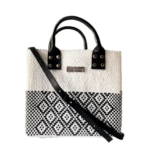 White Large Woven Crossbody Bag - Black Leather Handles & Crossbody Strap, Handwoven Recycled Plastic Purse, Oaxaca Mexican Woven Tote, Summer Bag, Work Bag, Everyday Purse