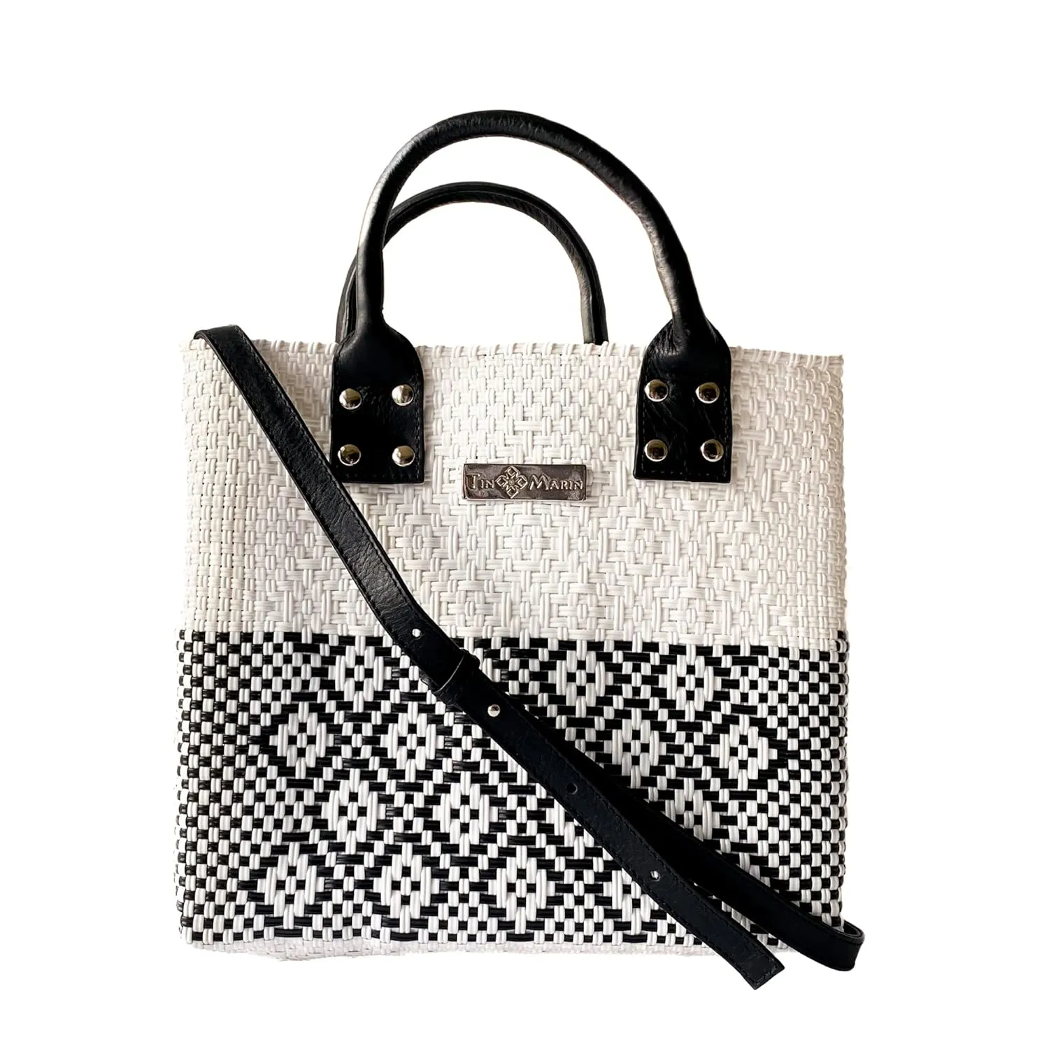 White Large Woven Crossbody Bag - Black Leather Handles & Crossbody Strap, Handwoven Recycled Plastic Purse, Oaxaca Mexican Woven Tote, Summer Bag, Work Bag, Everyday Purse