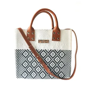 White Large Woven Crossbody Bag - Tan Leather Handles & Crossbody Strap, Handwoven Recycled Plastic Purse, Oaxaca Mexican Woven Tote, Summer Bag, Work Bag, Everyday Purse