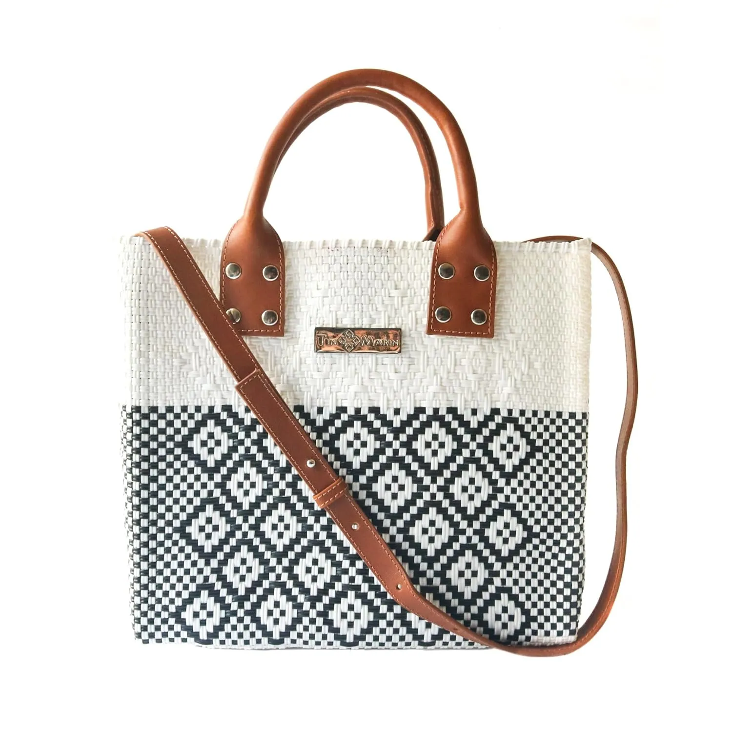 White Large Woven Crossbody Bag - Tan Leather Handles & Crossbody Strap, Handwoven Recycled Plastic Purse, Oaxaca Mexican Woven Tote, Summer Bag, Work Bag, Everyday Purse