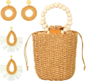 Wicker Purse - Beach Purse for Women Vacation, Straw Clutch Handbag Summer Beach Straw Purse for Women, Tote Handbag with 2 Pairs Rattan Boho Earrings for Women Girls, Bohemian Woven Clutch for Summer
