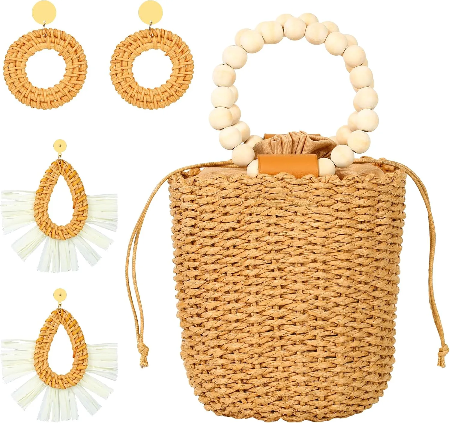 Wicker Purse - Beach Purse for Women Vacation, Straw Clutch Handbag Summer Beach Straw Purse for Women, Tote Handbag with 2 Pairs Rattan Boho Earrings for Women Girls, Bohemian Woven Clutch for Summer