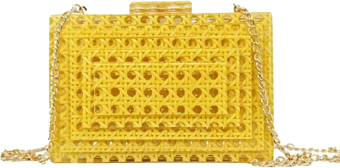 Women Acrylic Bag Rattan Woven Evneing Clutch Bag Square Box Crossbody Handbag Summer Beach Staw Shoulder Bag Purse