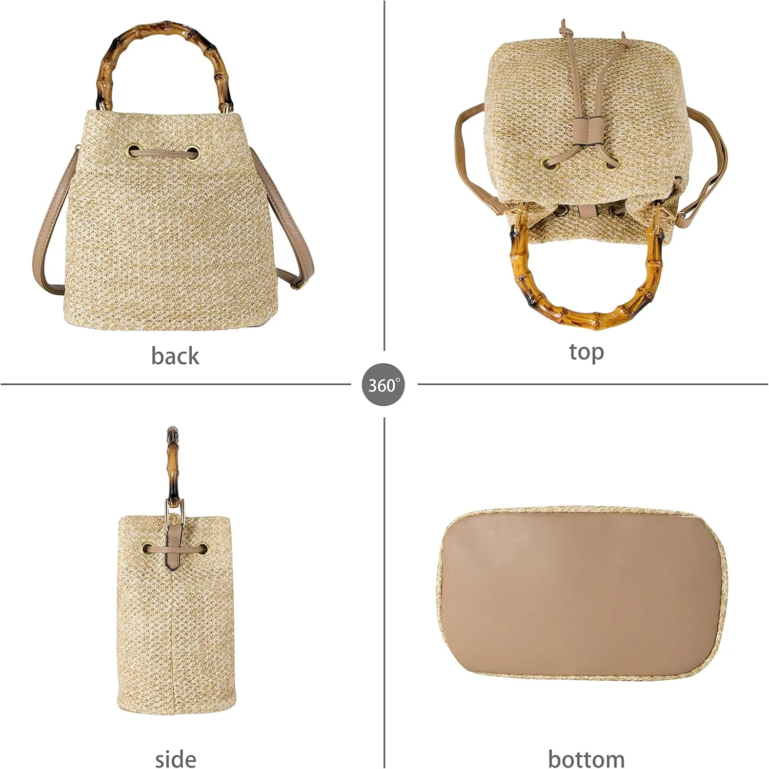 Women Beach Bag Summer Straw Woven Shoulder Bag Crossbody Bucket Handbags Handmade Hobo Purse Bamboo Handle