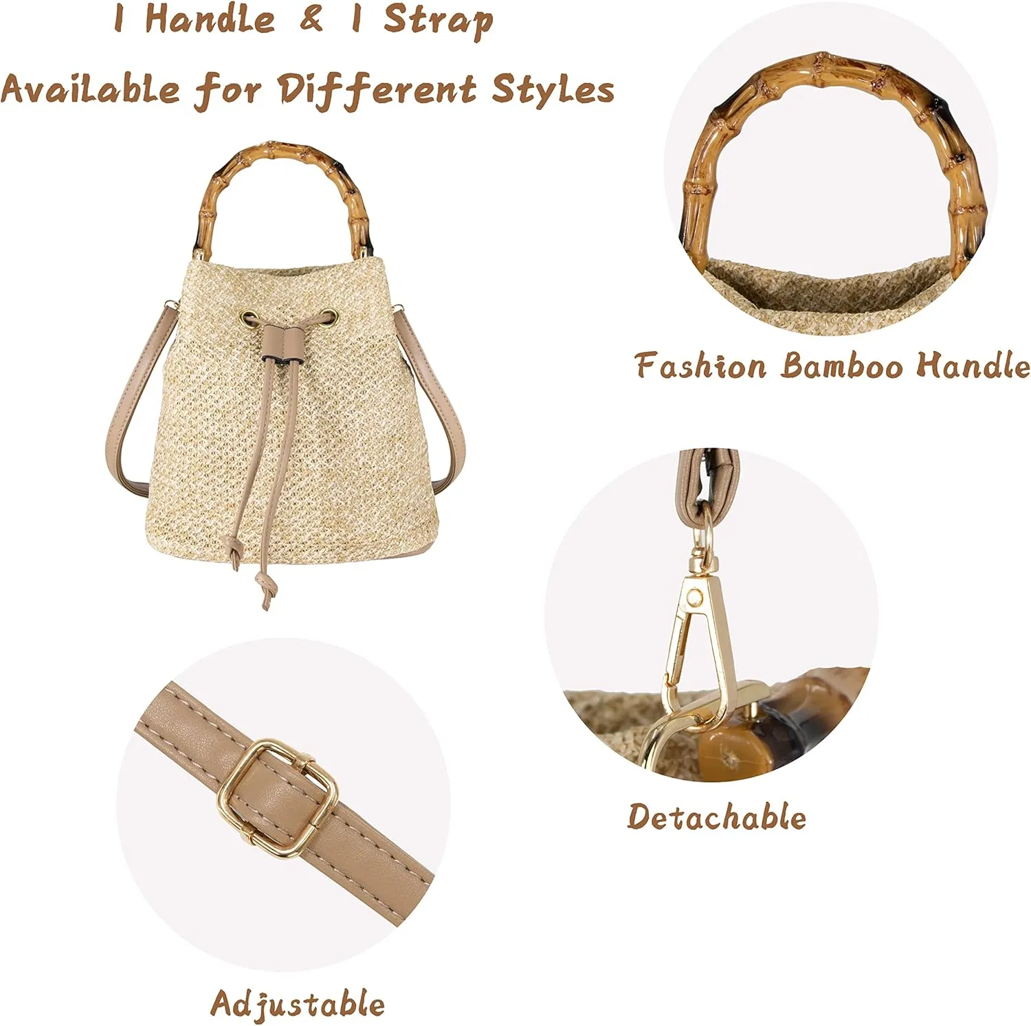 Women Beach Bag Summer Straw Woven Shoulder Bag Crossbody Bucket Handbags Handmade Hobo Purse Bamboo Handle