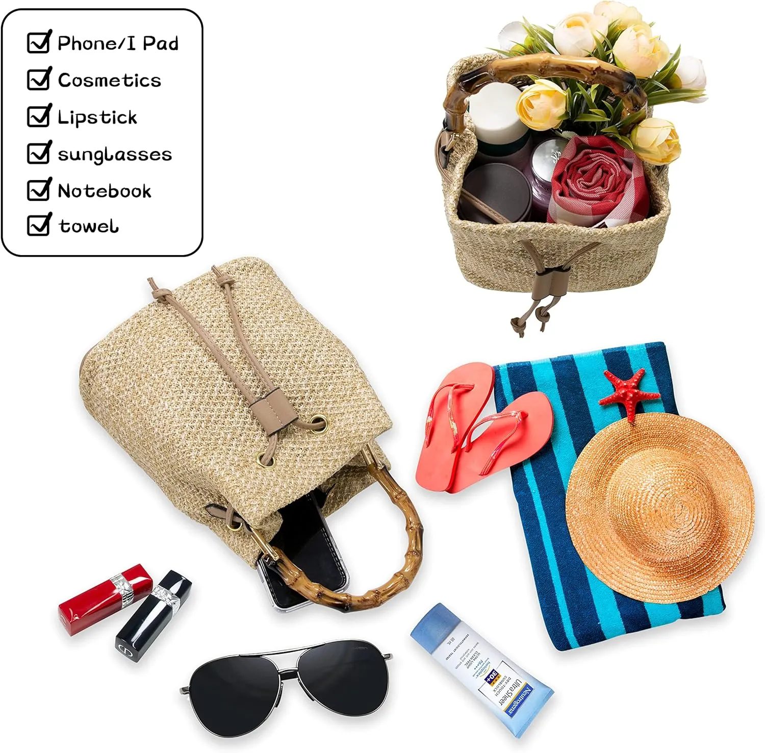 Women Beach Bag Summer Straw Woven Shoulder Bag Crossbody Bucket Handbags Handmade Hobo Purse Bamboo Handle