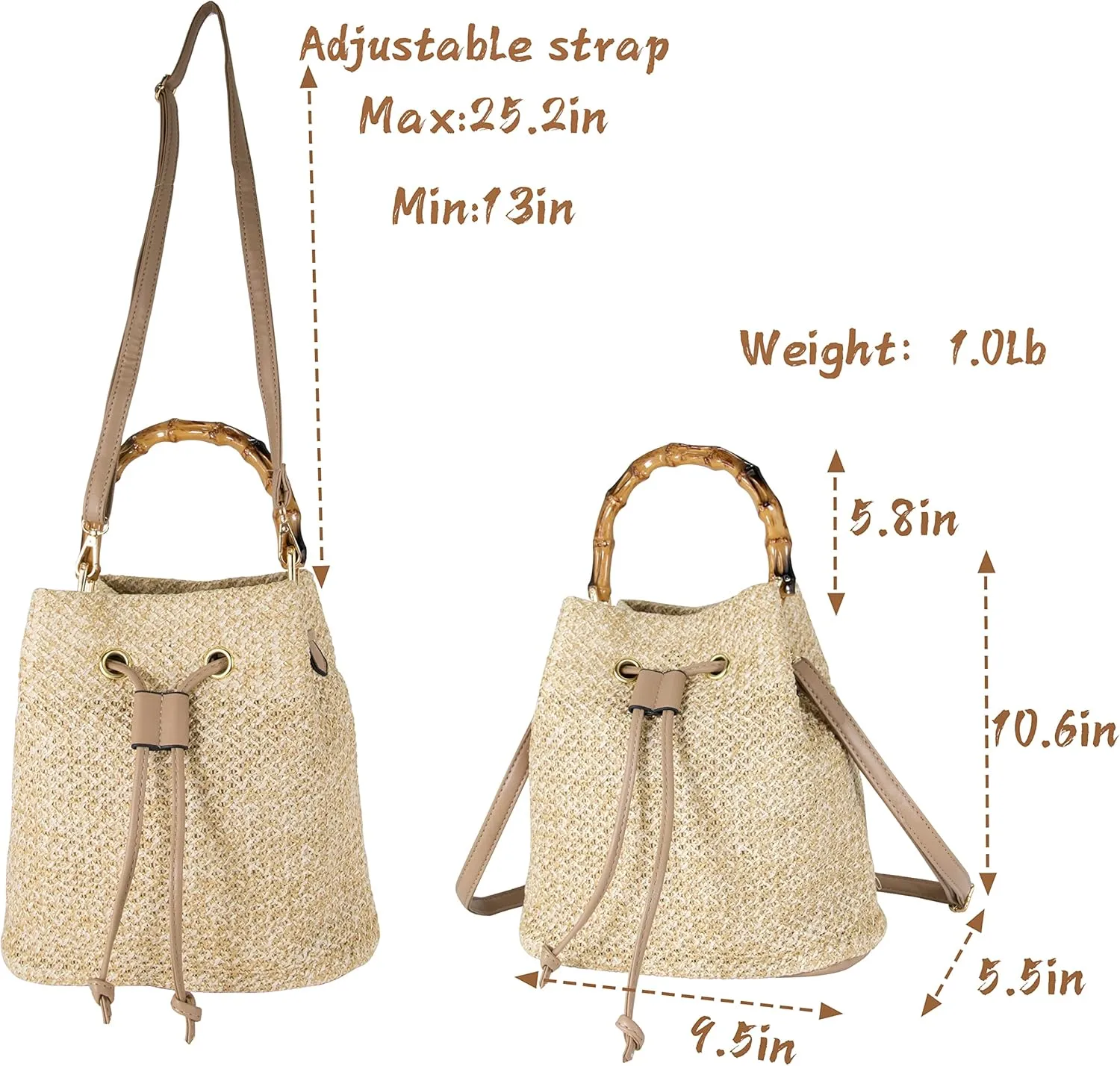 Women Beach Bag Summer Straw Woven Shoulder Bag Crossbody Bucket Handbags Handmade Hobo Purse Bamboo Handle