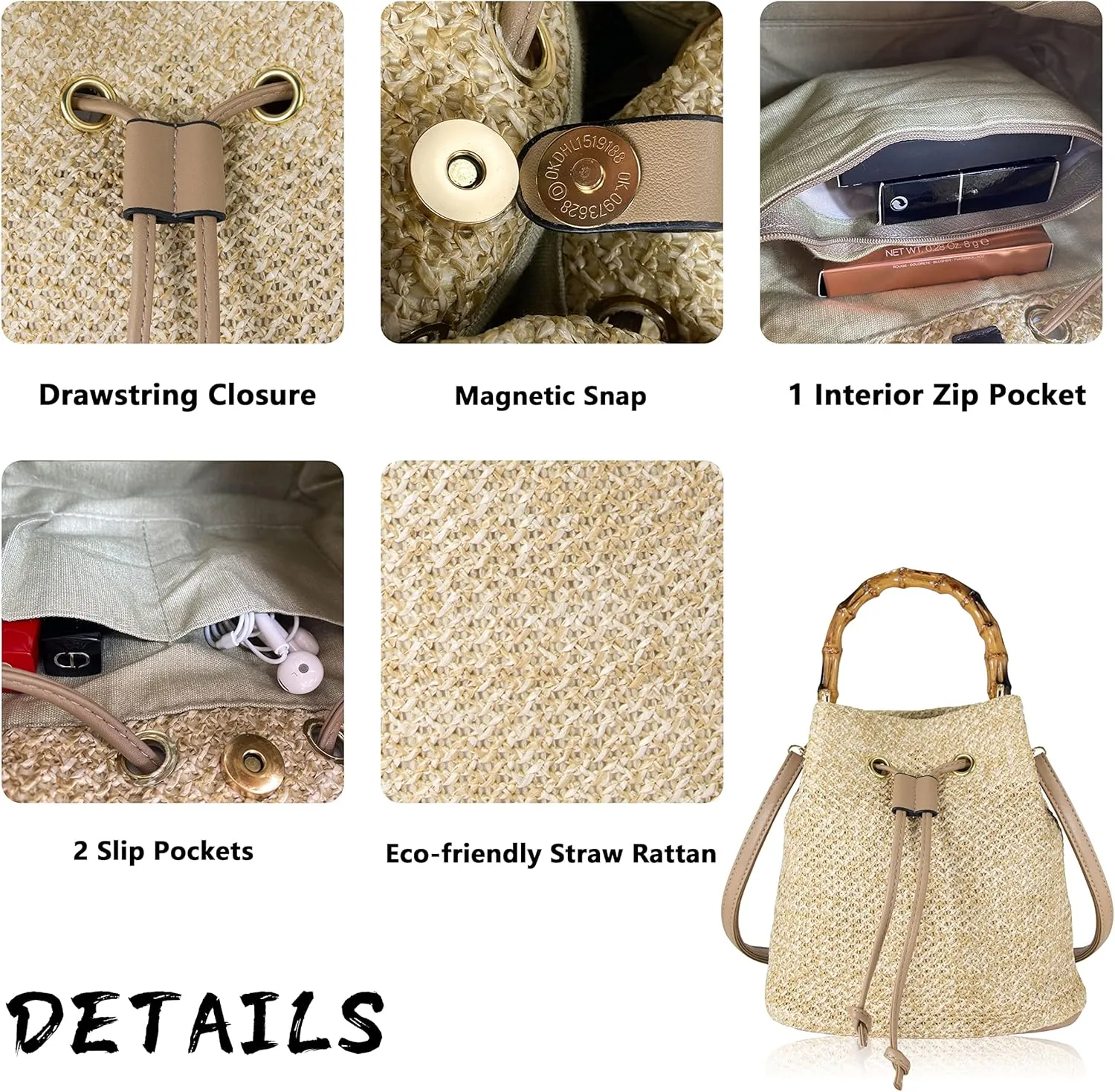 Women Beach Bag Summer Straw Woven Shoulder Bag Crossbody Bucket Handbags Handmade Hobo Purse Bamboo Handle