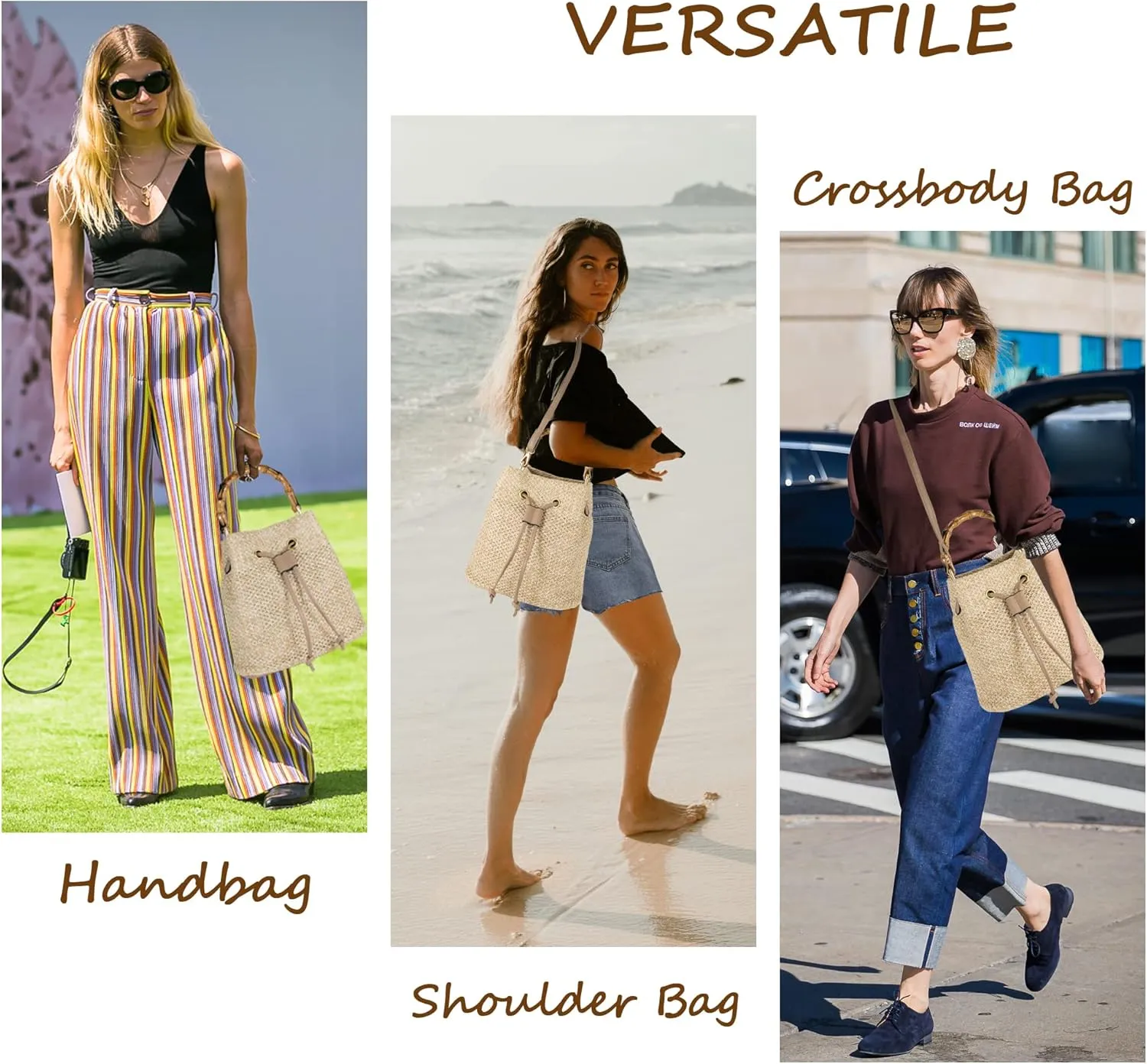 Women Beach Bag Summer Straw Woven Shoulder Bag Crossbody Bucket Handbags Handmade Hobo Purse Bamboo Handle